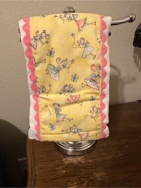 Handmade Cotton Burp Cloth with Pink Trim and yellow fairy panel